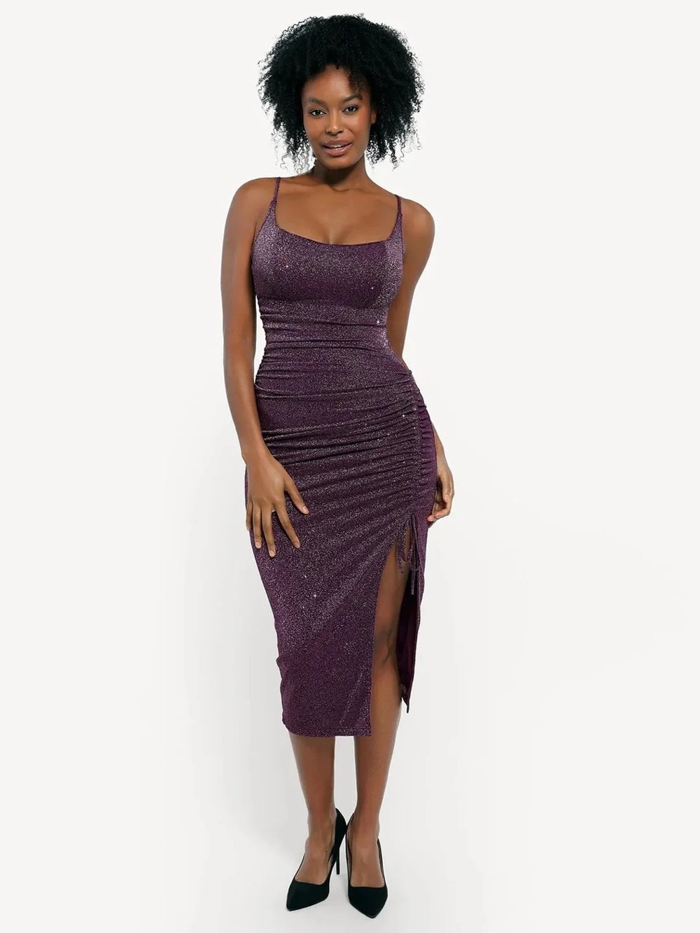 Popilush Shapewear Metallic Knit Bodycon Sculpting Midi Slip Dress L